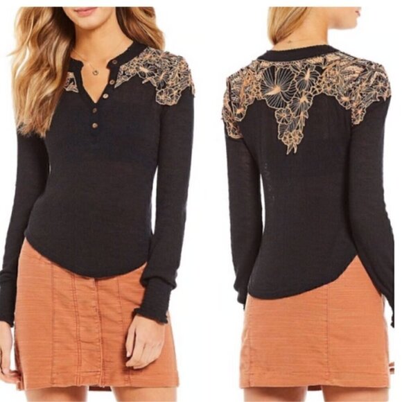 Free People Easy Breezy  Boho Henley Long Sleeve Button Shirt Size XS - Picture 5 of 16